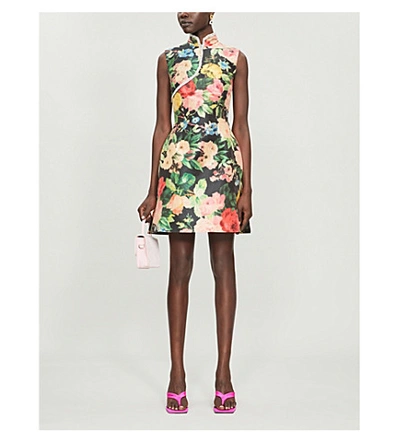 Shop Richard Quinn Floral-print High-neck Crepe Dress In Lowry+black