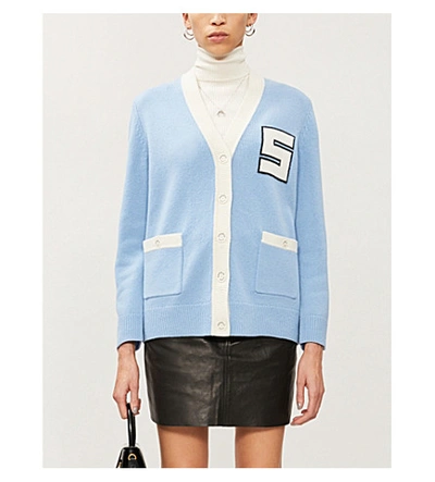 Sandro Amal Varsity Wool Cardigan Sweater In Blue Sky | ModeSens