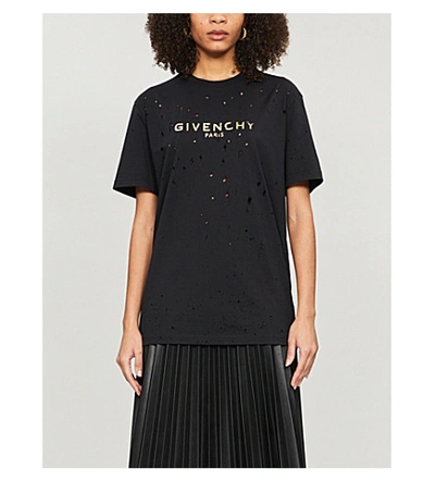 Shop Givenchy Womens Black Gold Distressed Logo-print Cotton-jersey T-shirt M