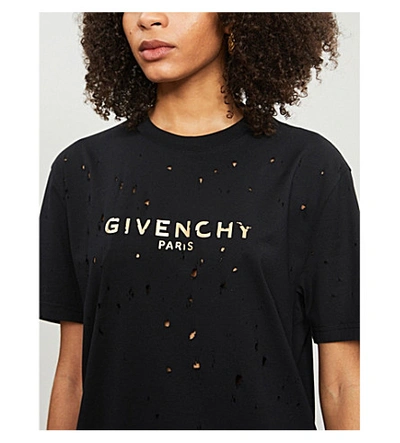 Shop Givenchy Womens Black Gold Distressed Logo-print Cotton-jersey T-shirt M