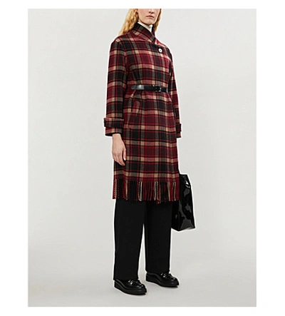Shop Claudie Pierlot Fringed Checked Wool-blend Coat In Multico