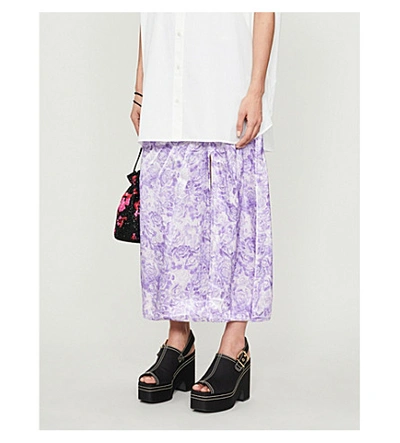 Shop Ganni Floral-print Satin Midi Skirt In Violet+tulip