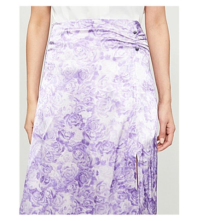 Shop Ganni Floral-print Satin Midi Skirt In Violet+tulip