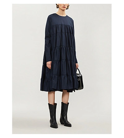 Shop Merlette Essaouria Tiered Cotton-poplin Midi Dress In Navy