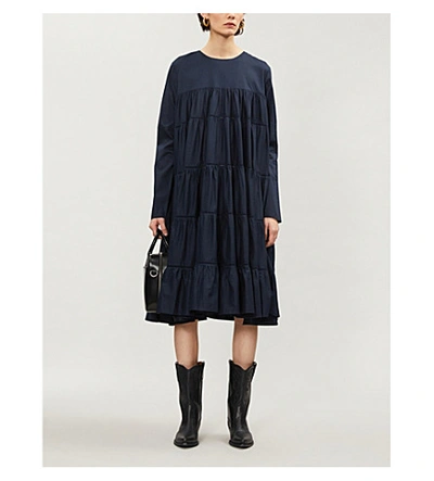 Shop Merlette Essaouria Tiered Cotton-poplin Midi Dress In Navy