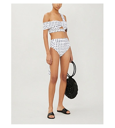Shop Self-portrait Sail-print Draped Bikini Top In White+navy