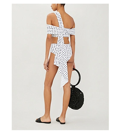 Shop Self-portrait Sail-print Draped Bikini Top In White+navy