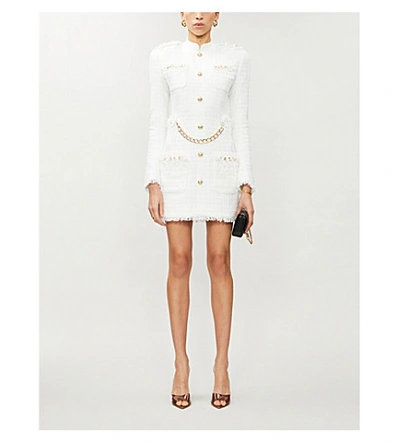 Shop Balmain Button-embellished Tweed Mini Dress In White+gold