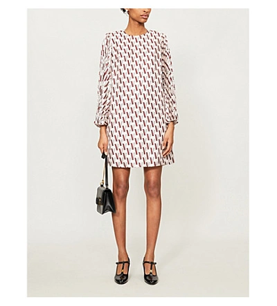 Shop Valentino Brand-print Pleated-sleeve Silk Mini Shift Dress In Poudre