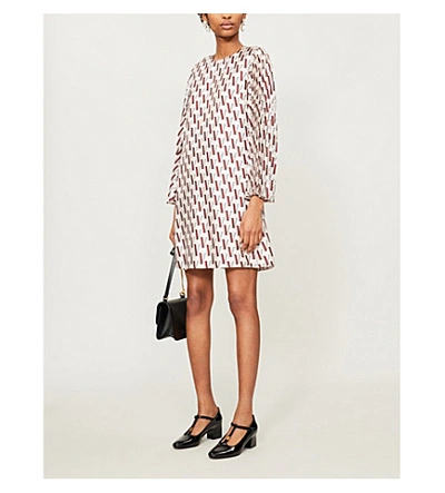 Shop Valentino Brand-print Pleated-sleeve Silk Mini Shift Dress In Poudre