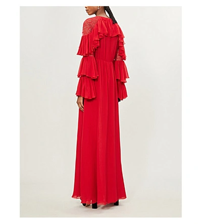Shop Giambattista Valli Lace-panelled Ruffled Silk-crepe Gown In Rubino