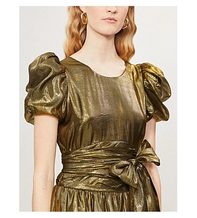 Shop Loveshackfancy Mercy Puffed-sleeve Metallic-silk Mini Dress In Gold