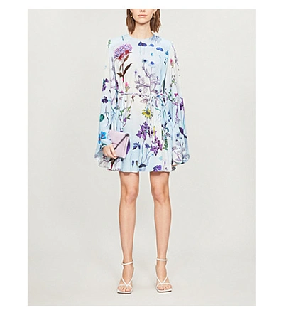 Shop Stella Mccartney Fluted-sleeve Floral-print Silk Mini Dress In Light+blue