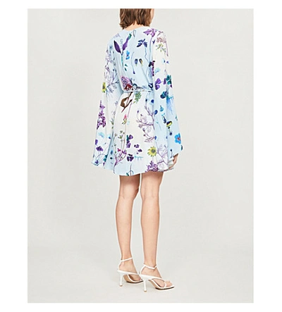 Shop Stella Mccartney Fluted-sleeve Floral-print Silk Mini Dress In Light+blue