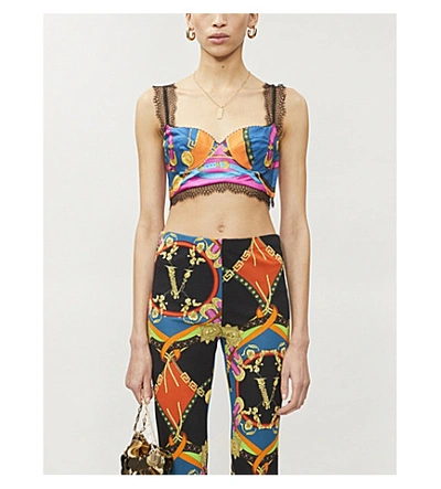 Versace Multicolor Greek Key-print Silk Bralette Top In Rosso+stampa