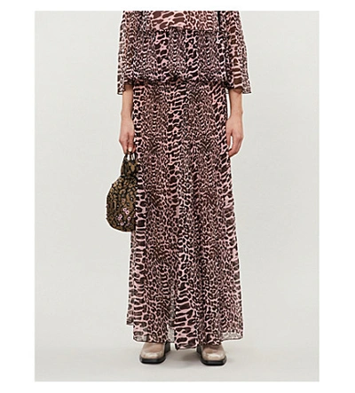 Shop Ganni Leopard-print High-waist Pleated Crepe Maxi Skirt In Candy Pink 488