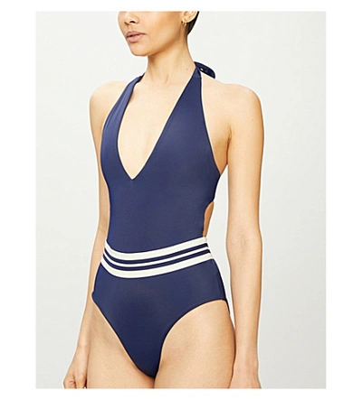 Shop Odyssee Romain Striped-trim Halterneck Swimsuit In Navy