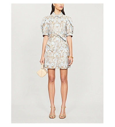 Shop Sandro Orlan Embroidered-floral-print Crepe Dress In Gold Blue