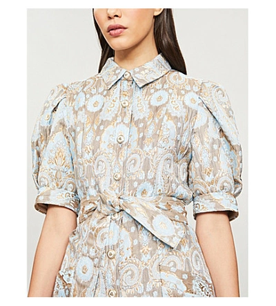 Shop Sandro Orlan Embroidered-floral-print Crepe Dress In Gold Blue
