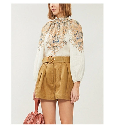 Shop Zimmermann Super Eight Belted High-rise Linen Shorts In Khaki