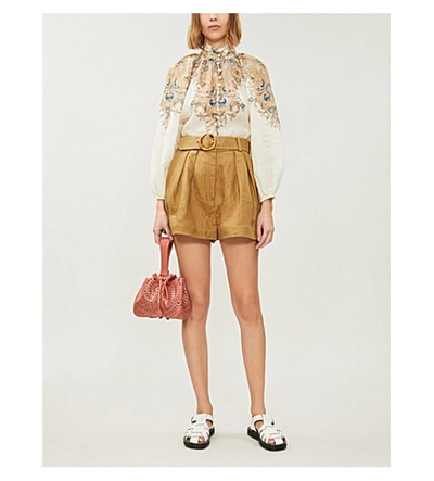 Shop Zimmermann Super Eight Belted High-rise Linen Shorts In Khaki