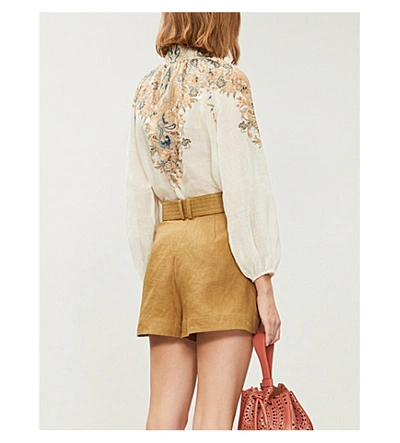 Shop Zimmermann Super Eight Belted High-rise Linen Shorts In Khaki