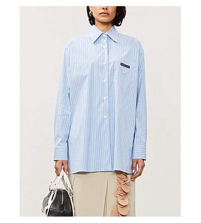 Shop Prada Striped Logo-detail Cotton-blend Shirt In Celeste