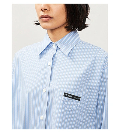 Shop Prada Striped Logo-detail Cotton-blend Shirt In Celeste