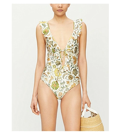 Shop Zimmermann Floral-print Ruffle-trimmed Swimsuit In Cream+paisley