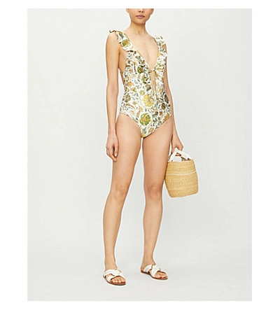Shop Zimmermann Floral-print Ruffle-trimmed Swimsuit In Cream+paisley