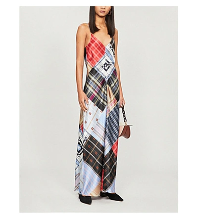 Shop Ganni Checked Sleeveless Stretch-silk Maxi Dress In Forever Blue