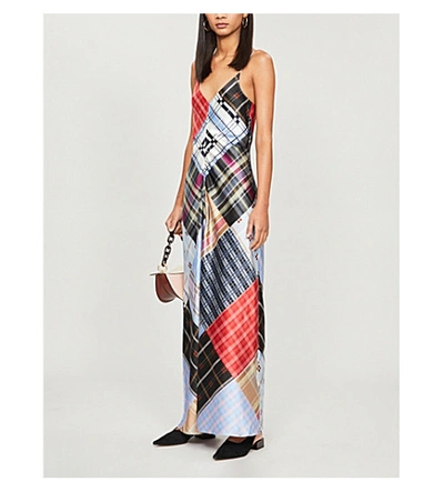 Shop Ganni Checked Sleeveless Stretch-silk Maxi Dress In Forever Blue