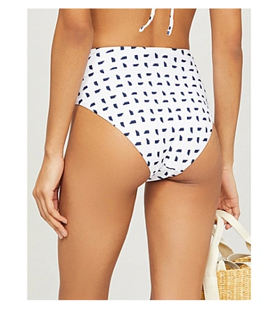 Shop Self-portrait Mini Sails Print Ruched Bikini Bottoms In White+navy