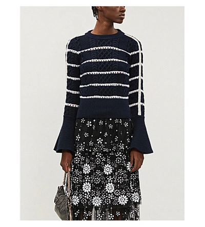 Shop Self-portrait Fluted-sleeve Striped Cotton-knit Jumper In Navy+silver