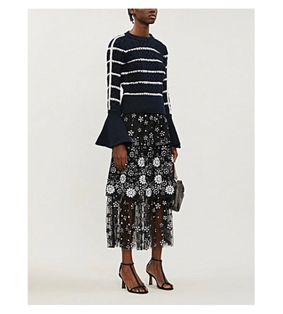 Shop Self-portrait Fluted-sleeve Striped Cotton-knit Jumper In Navy+silver