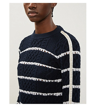 Shop Self-portrait Fluted-sleeve Striped Cotton-knit Jumper In Navy+silver