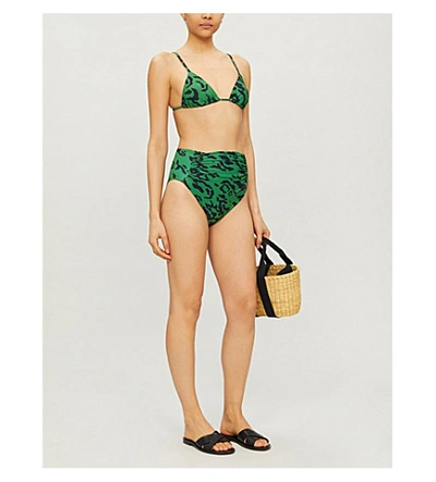 Shop Self-portrait Leopard-print Bikini Top In Green+black
