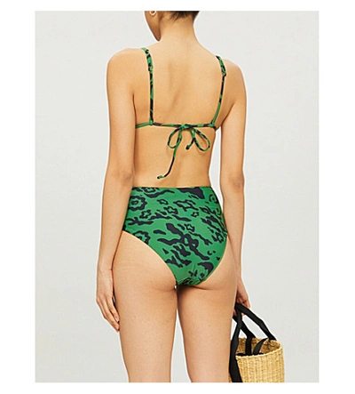Shop Self-portrait Leopard-print Bikini Top In Green+black