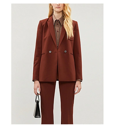Shop Sandro Double-breasted Stretch-crepe Blazer In Tobacco Brown