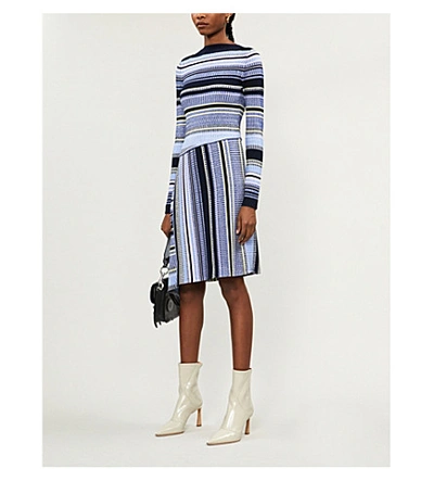 Shop Sportmax Lama Asymmetric Striped Stretch-knit Midi Dress In Navy Azure