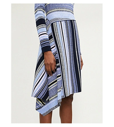 Shop Sportmax Lama Asymmetric Striped Stretch-knit Midi Dress In Navy Azure