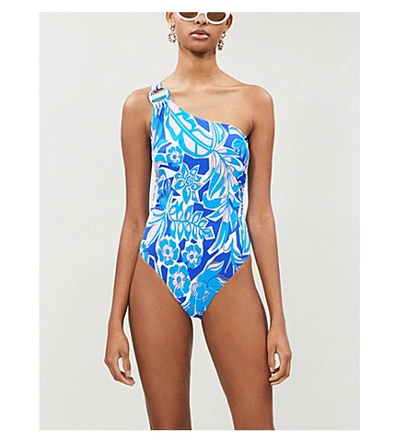 Shop Emilio Pucci One-shoulder Floral-print High-leg Swimsuit In Turchse Peonia