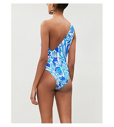 Shop Emilio Pucci One-shoulder Floral-print High-leg Swimsuit In Turchse Peonia