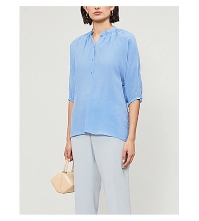 Shop Maje Lua Puff-sleeve Woven Blouse In Light Blue