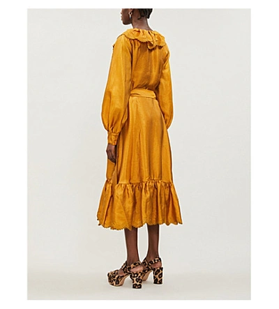 Shop Stine Goya Steffi Puffed-sleeve Crepe Midi Dress In Gold
