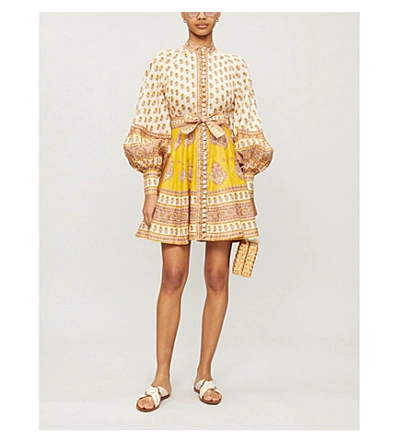 Shop Zimmermann Floral-print High-neck Linen Mini Dress In Mustard+paisley