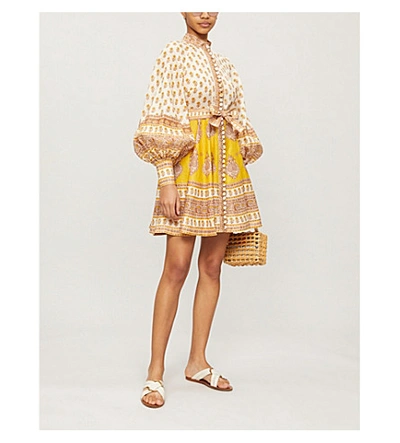 Shop Zimmermann Floral-print High-neck Linen Mini Dress In Mustard+paisley