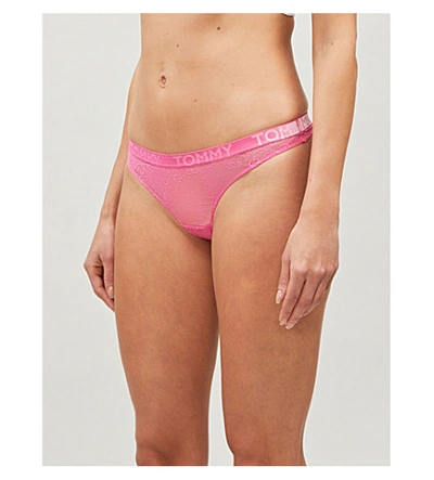 Tommy Hilfiger Velvet Stretch-lace Thong In 628 Shocking Pink