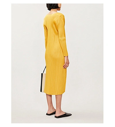Shop Issey Miyake Pleated Long-sleeved Plissé Midi Dress In Golden+yellow