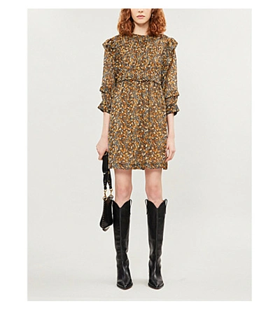 Shop Ba&sh Sandra Leaf-print Chiffon Mini Dress In Carbon